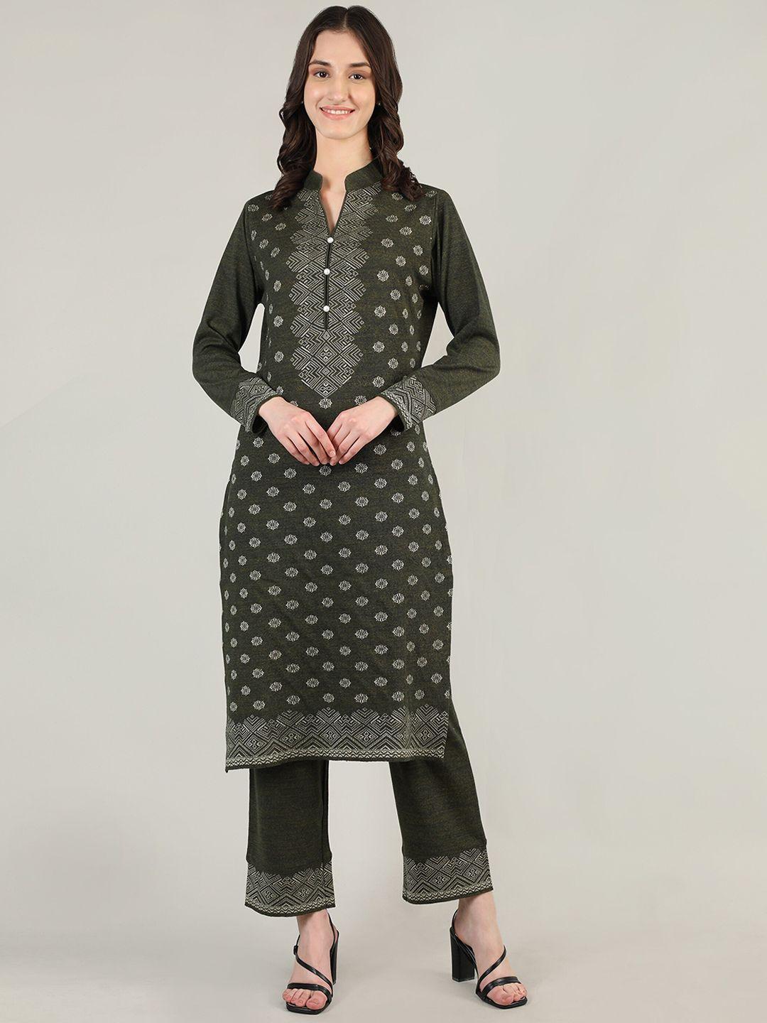 mikhad women olive green ethnic motifs kurta with trousers & with dupatta