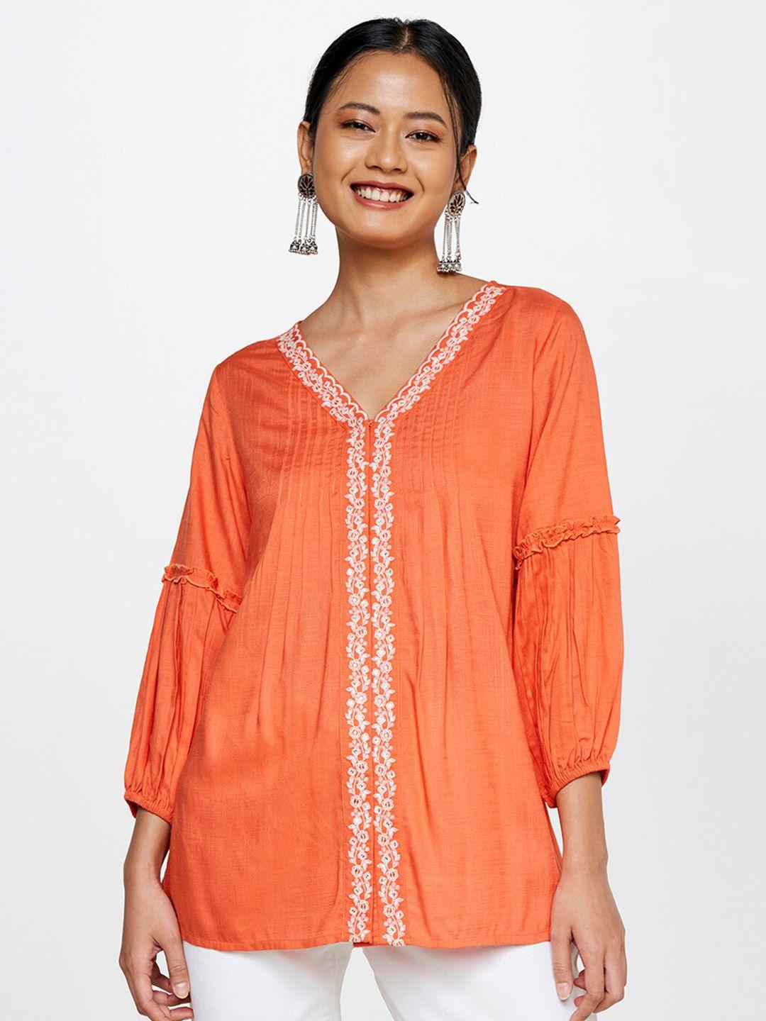 global desi orange floral embroidered a-line top