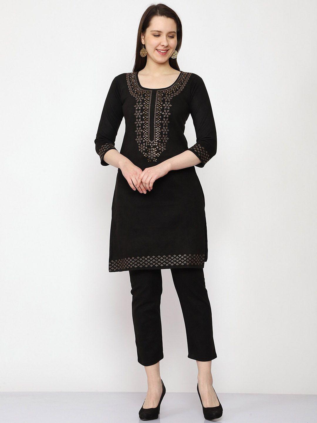 fnocks women ethnic motifs beads and stones velvet kurta with trousers