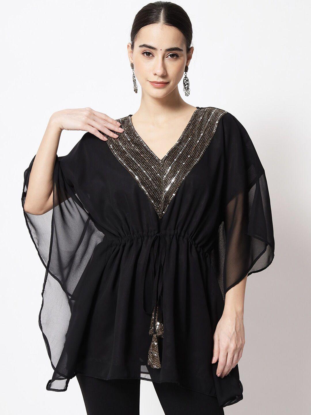 studio rasa geometric yoke design v-neck flared sleeves sequinned kaftan kurti