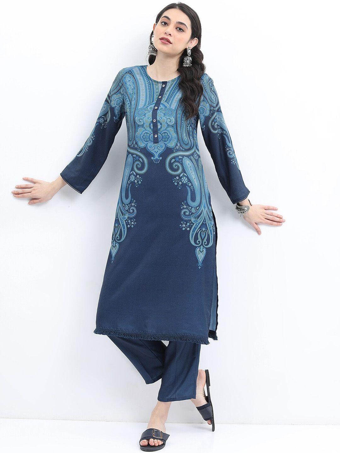 ketch ethnic motifs printed faux pashmina kurta with trousers