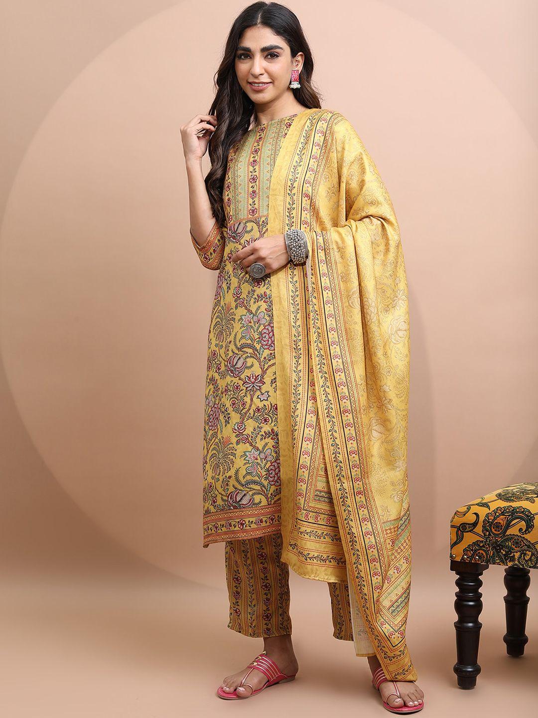 vishudh yellow faux pashmia floral printed kurta with palazzos & with dupatta