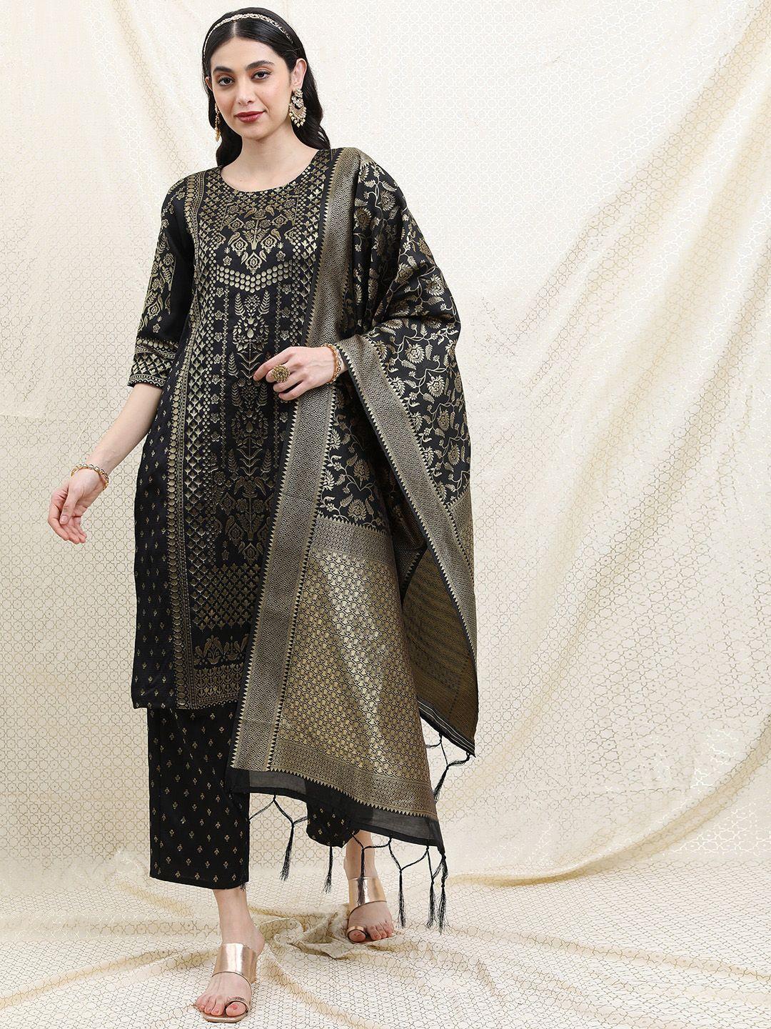 vishudh ethnic motifs printed brocade kurta with palazzos & dupatta