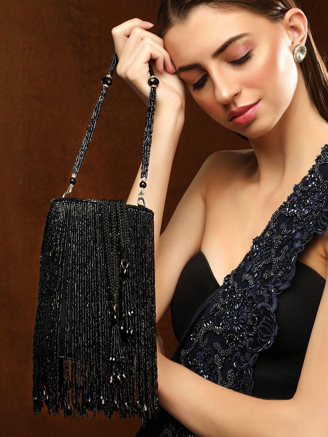 rubans embellished structured shoulder bag with fringed