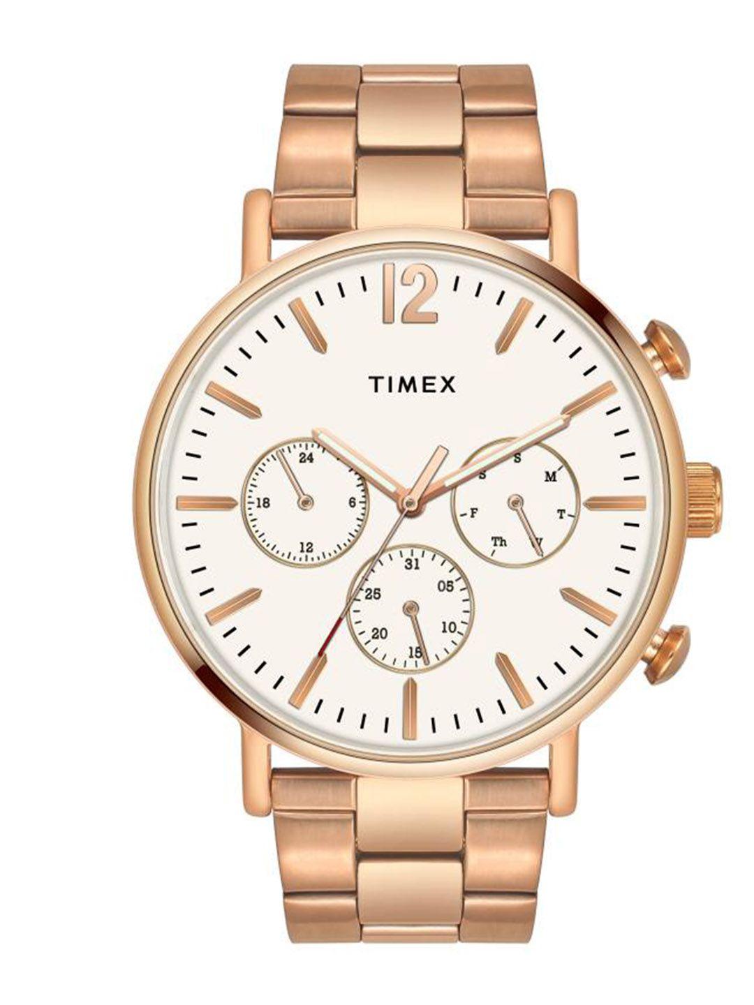 timex men brass dial & stainless steel bracelet style straps analogue watch