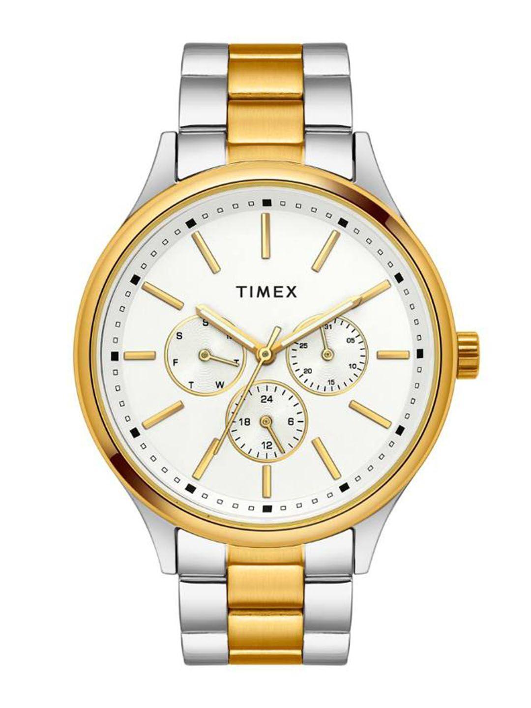 timex men brass dial & stainless steel bracelet style straps analogue watch