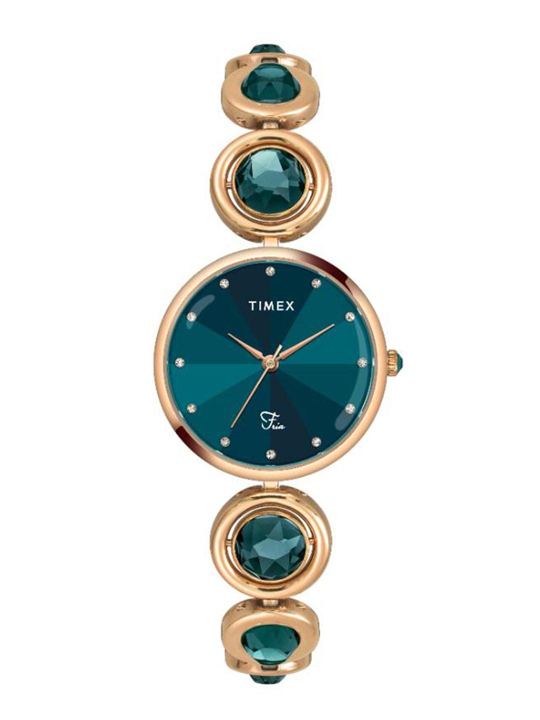 timex women blue brass dial & blue bracelet style straps analogue watch twel16404