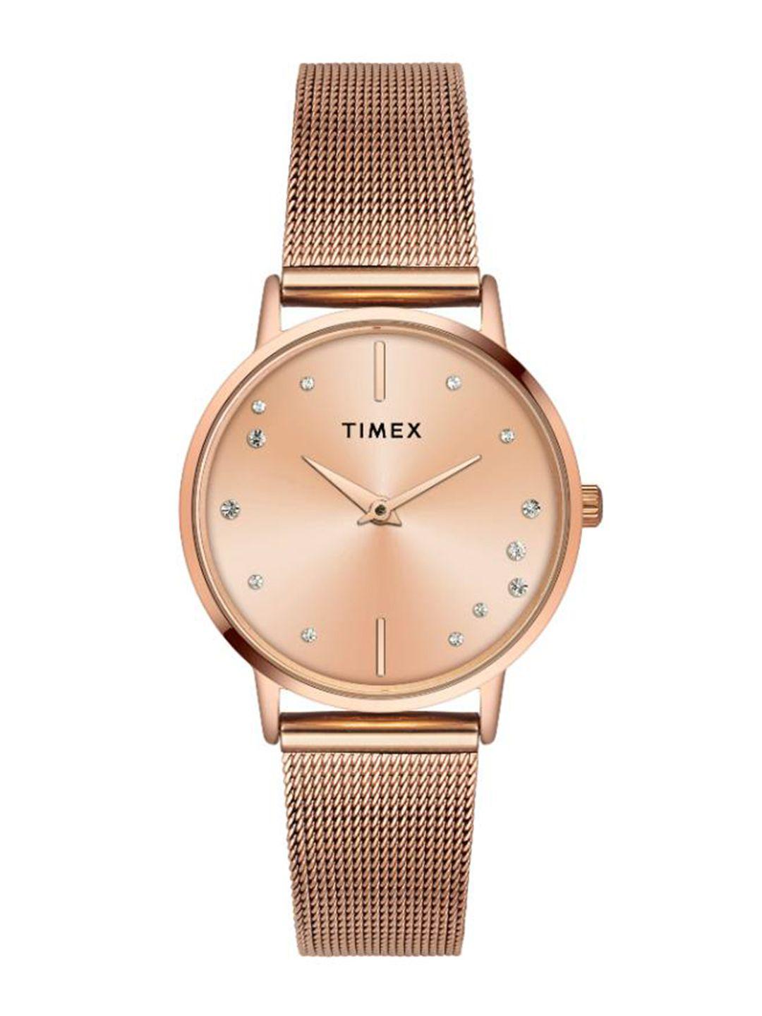 timex women brass embellished dial & stainless steel bracelet style straps watch twel15602