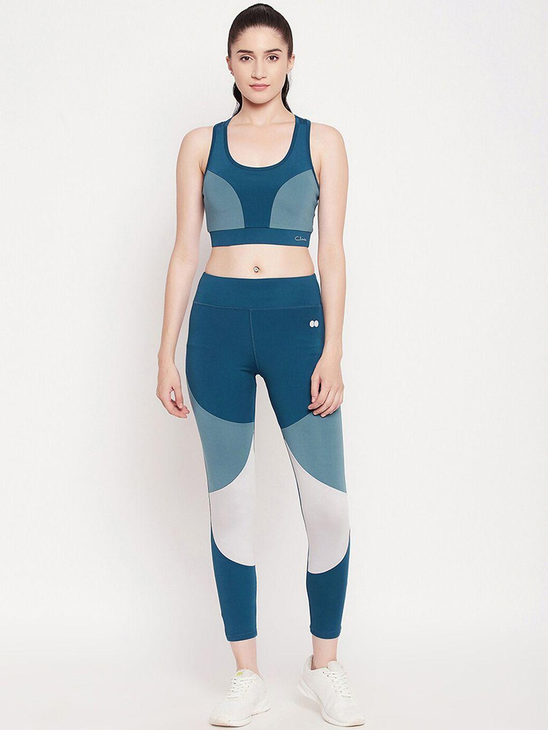 clovia women colourblocked sports bra & high waist tights set