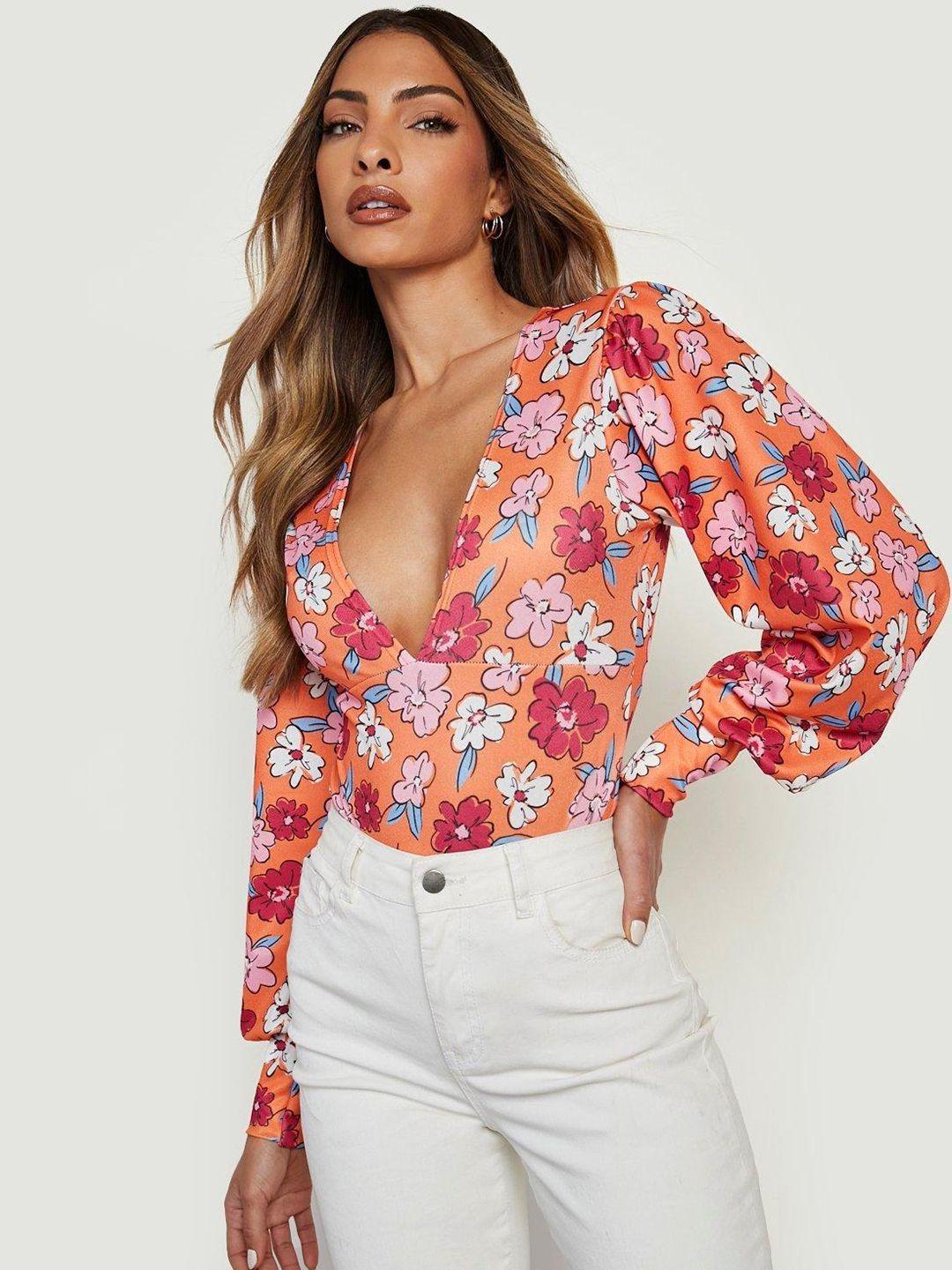 boohoo satin floral print bodysuit