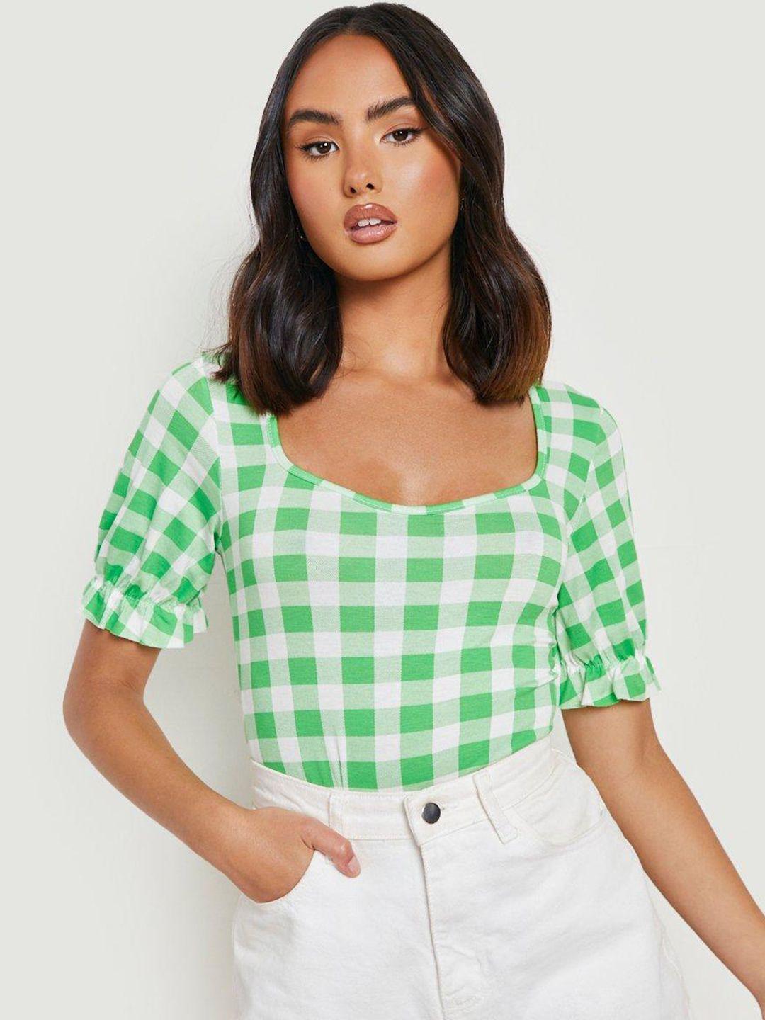 boohoo women gingham checked puff sleeve bodysuit