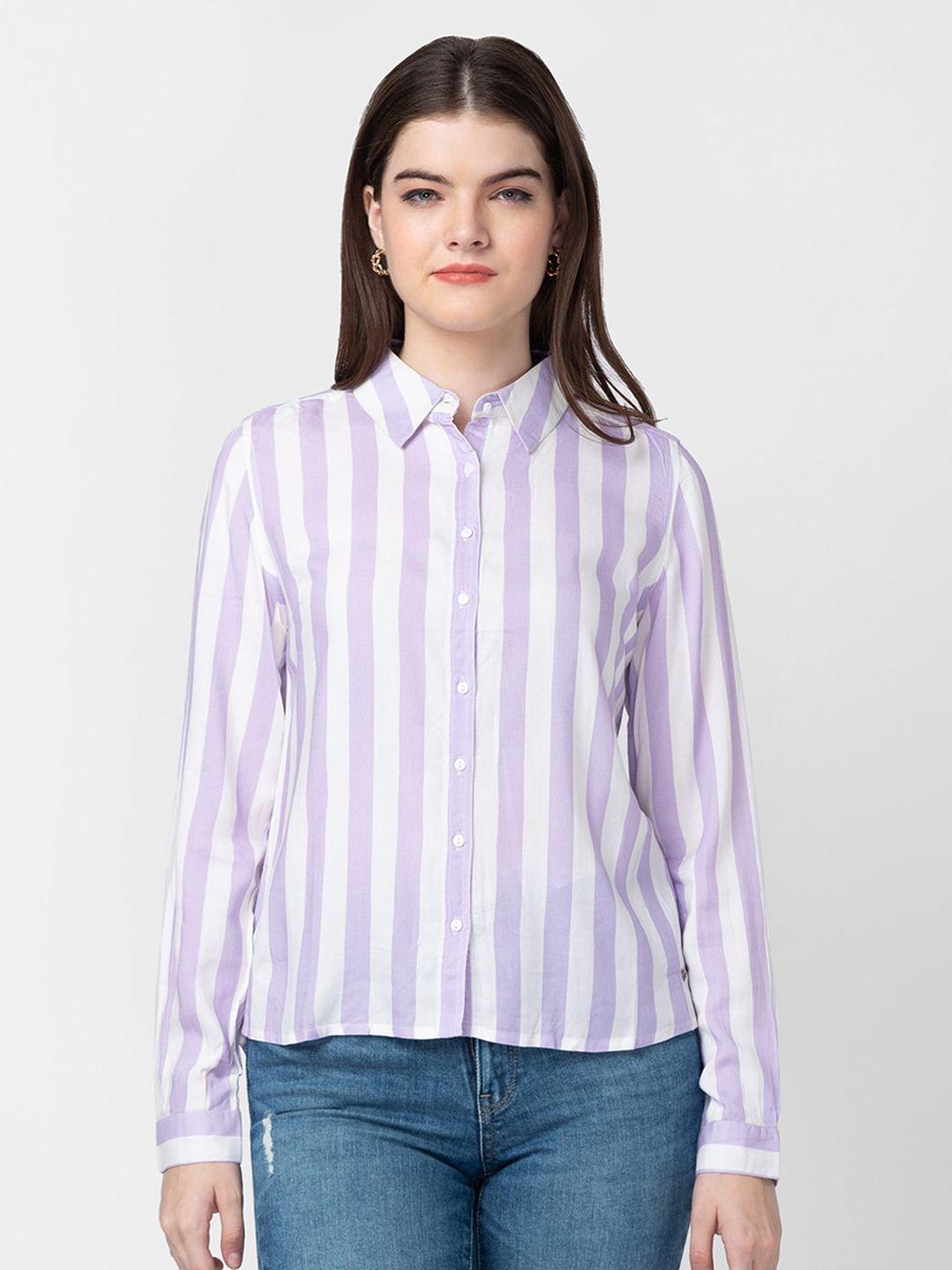 spykar women slim fit striped casual cotton shirt