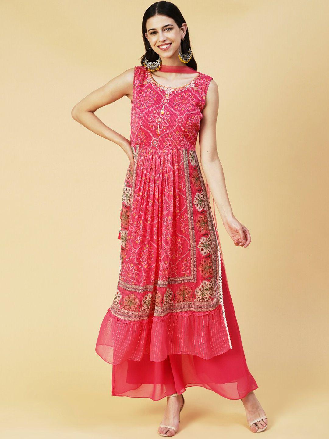 fashor women pink bandhani printed pleated beads and stones kurta with palazzos & with dupatta