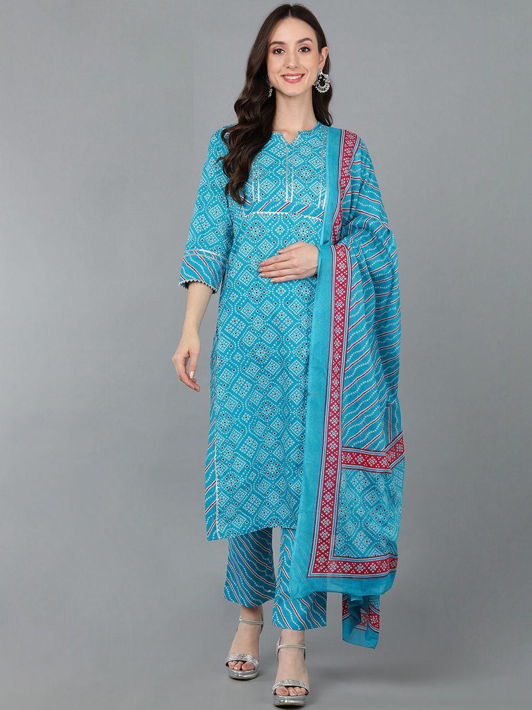 senyora women blue printed pure cotton kurta with trousers & with dupatta