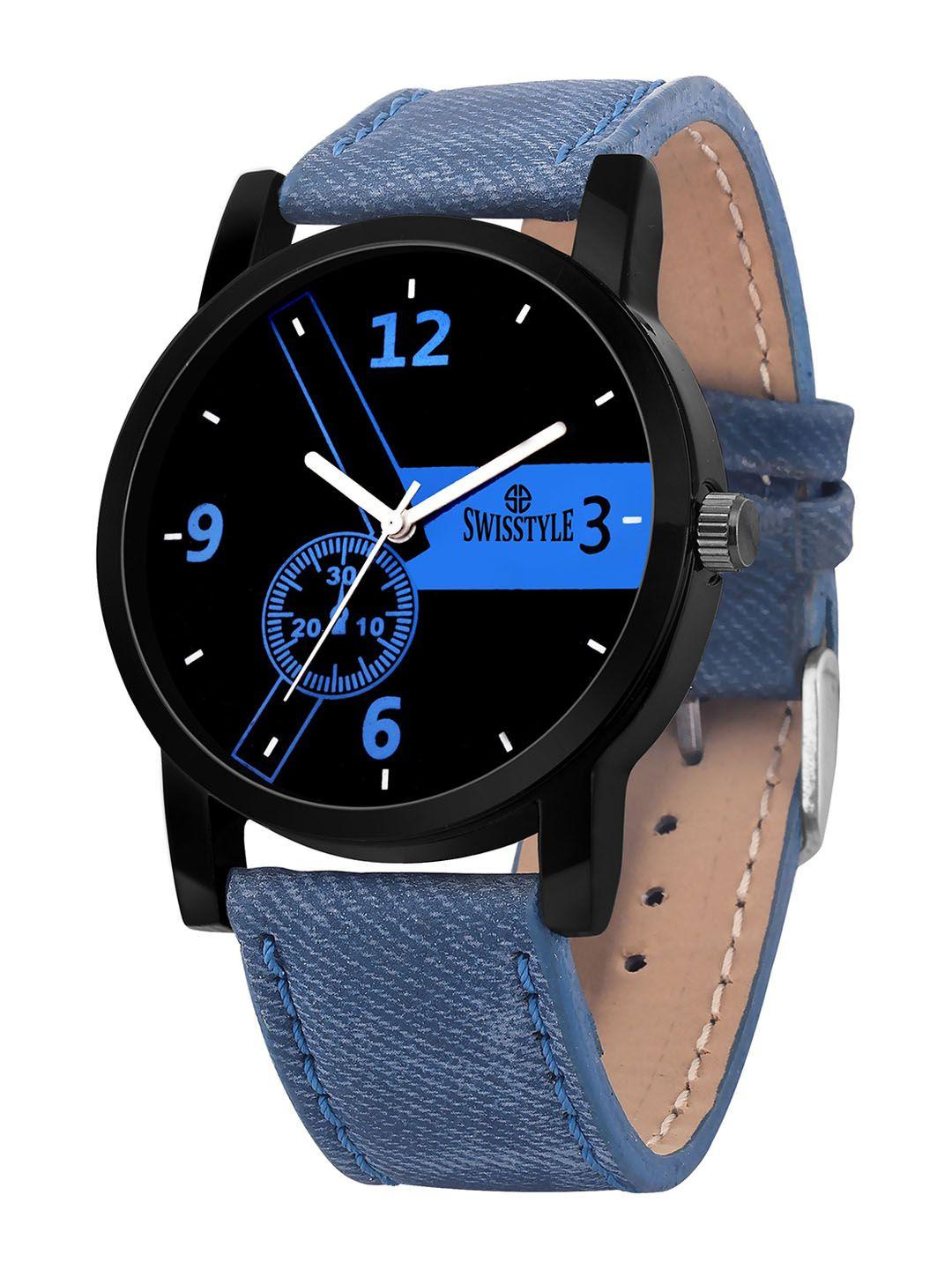 swisstyle men black brass printed dial & blue leather straps analogue watch