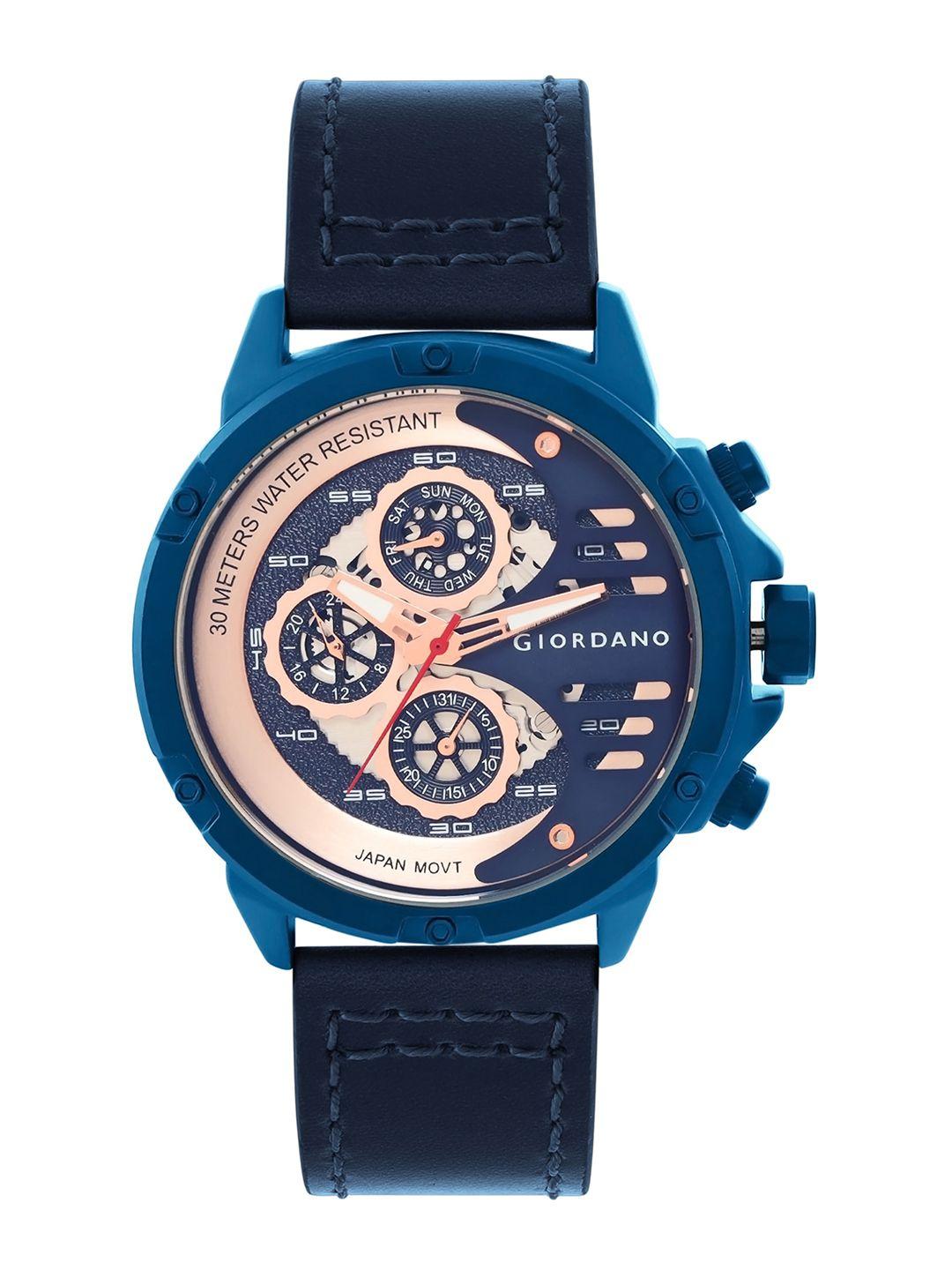 giordano men skeleton dial & blue leather straps analogue watch