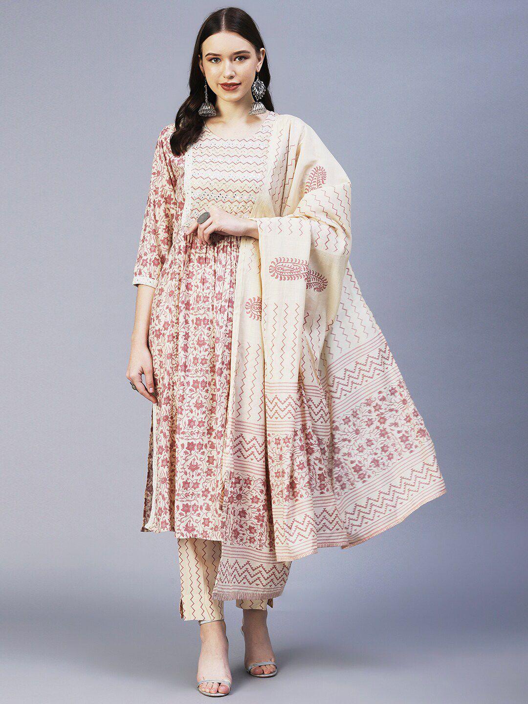 fashor floral embroidered pleated mirror work kurta with trousers & dupatta