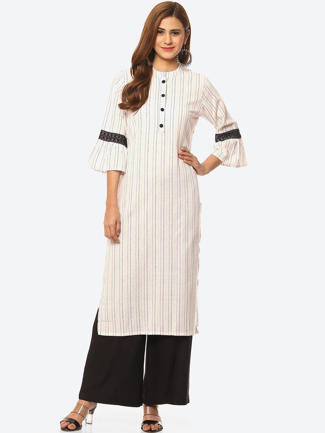 kurti's by menka striped flared sleeves thread work kurta