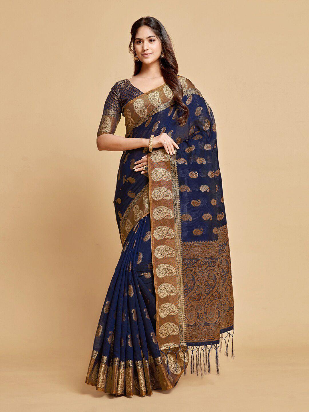 gajarai navy blue & copper-toned paisley zari art silk chanderi saree