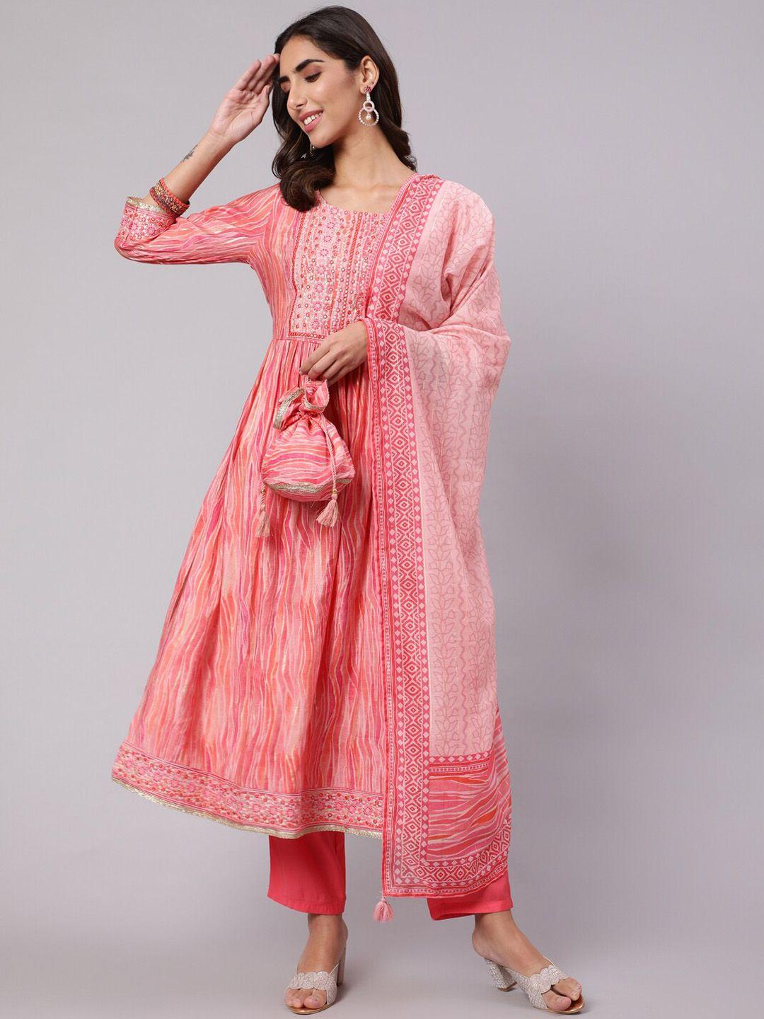 nehamta women printed mirror work kurta with trousers & with dupatta