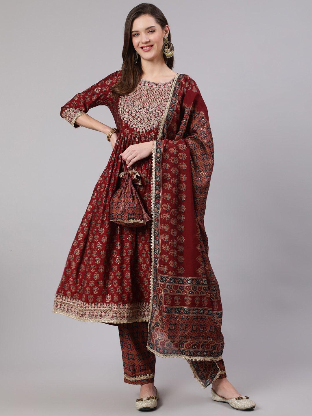 nehamta women ethnic motifs printed pleated kurta with trousers & dupatta