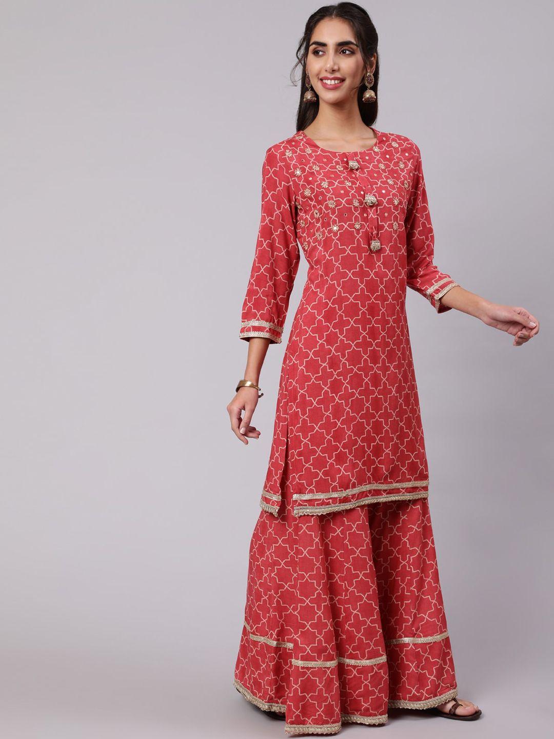 nehamta women printed mirror work kurta with sharara & dupatta