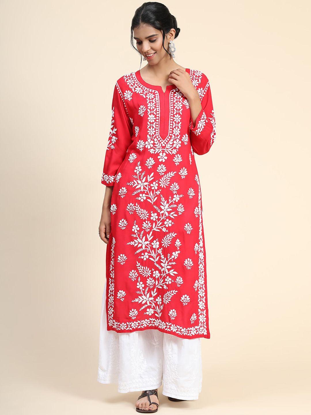 house of kari women red floral embroidered thread work kurta