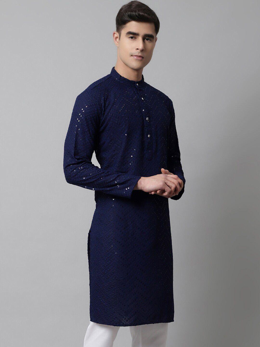 jompers men embellished indigo pure cotton kurta