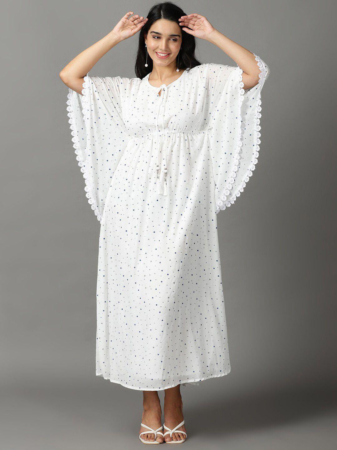 showoff round neck  polka dot print georgette kaftan midi dress