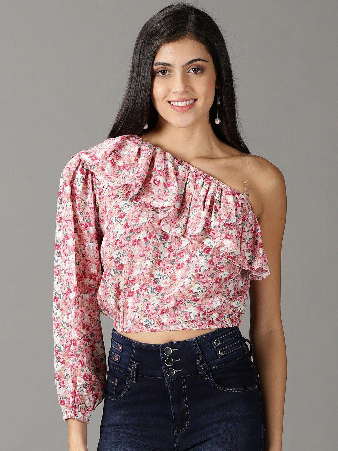 showoff floral print one shoulder ruffles chiffon top