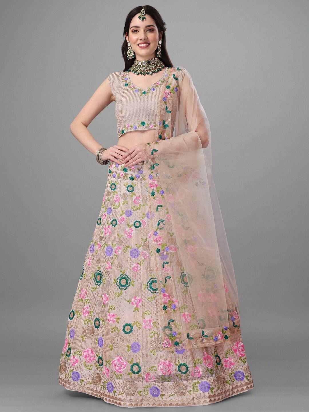 angroop beige & green embellished semi-stitched lehenga & unstitched blouse with dupatta