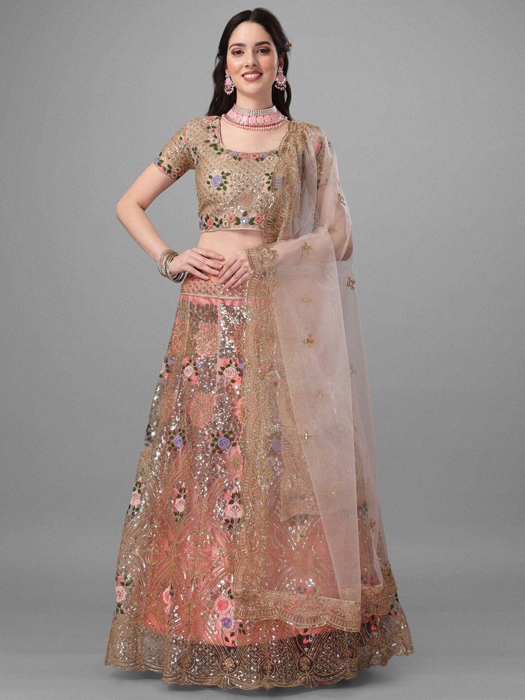 angroop rose gold & purple embroidered thread work semi-stitched lehenga & unstitched blouse with dupatta