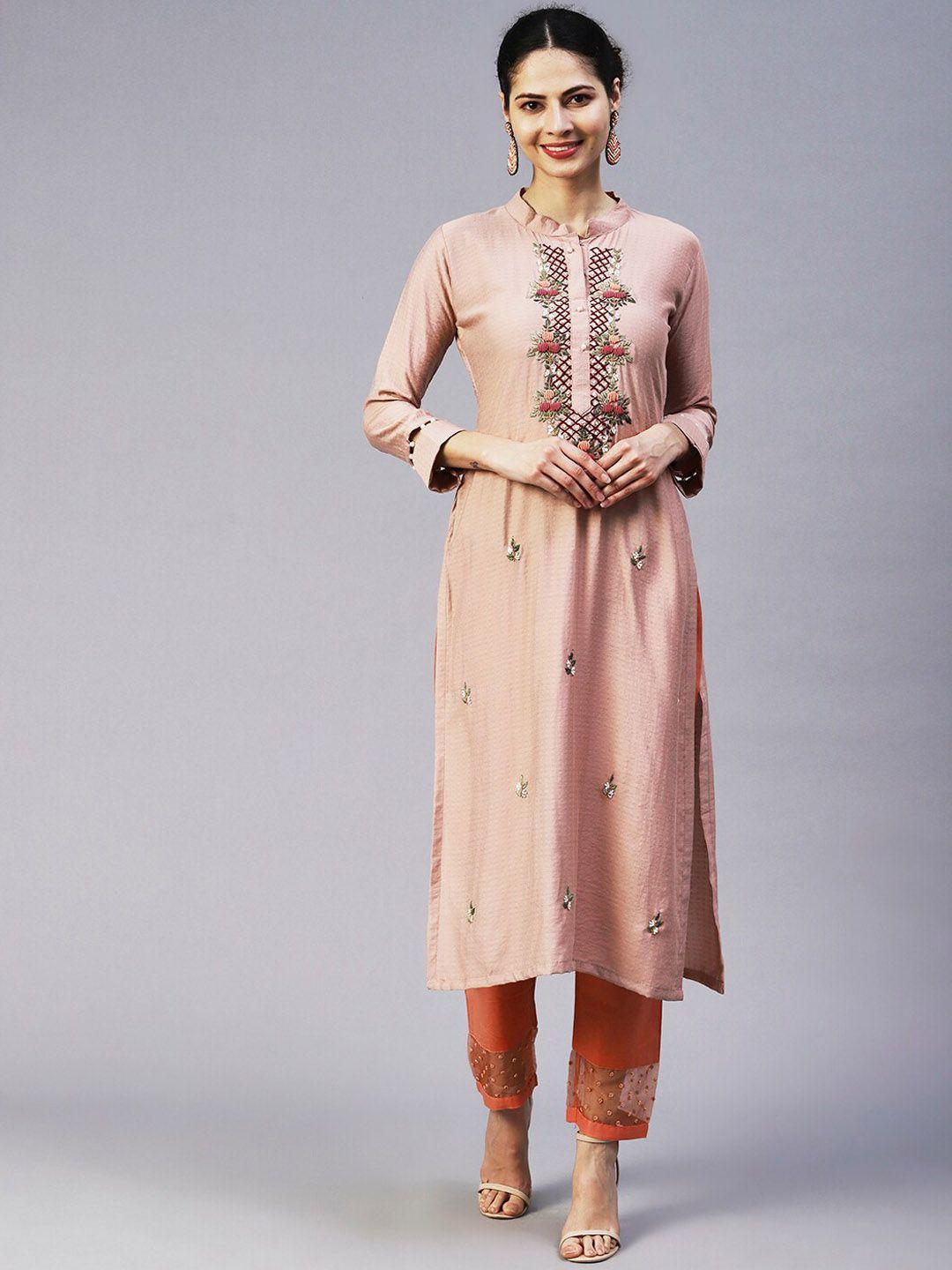 fashor floral embroidered flared sleeves mirror work kurta