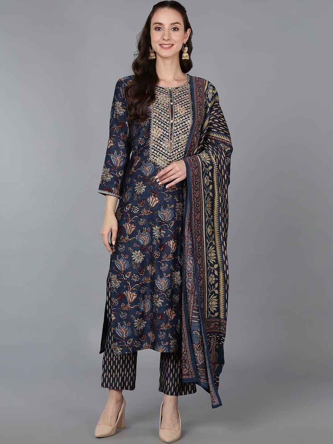 ahika women floral embroidered sequinned kurta with trousers & dupatta