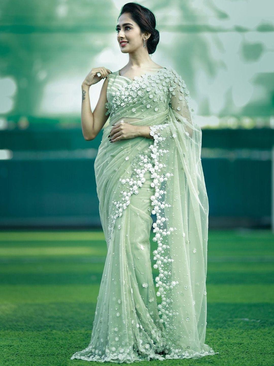 fashionuma embellished beads and stones net heavy work saree