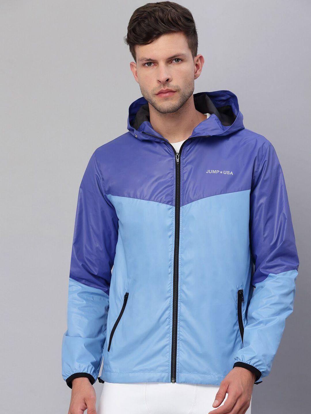 jump usa men blue navy blue colourblocked lightweight outdoor open front jacket