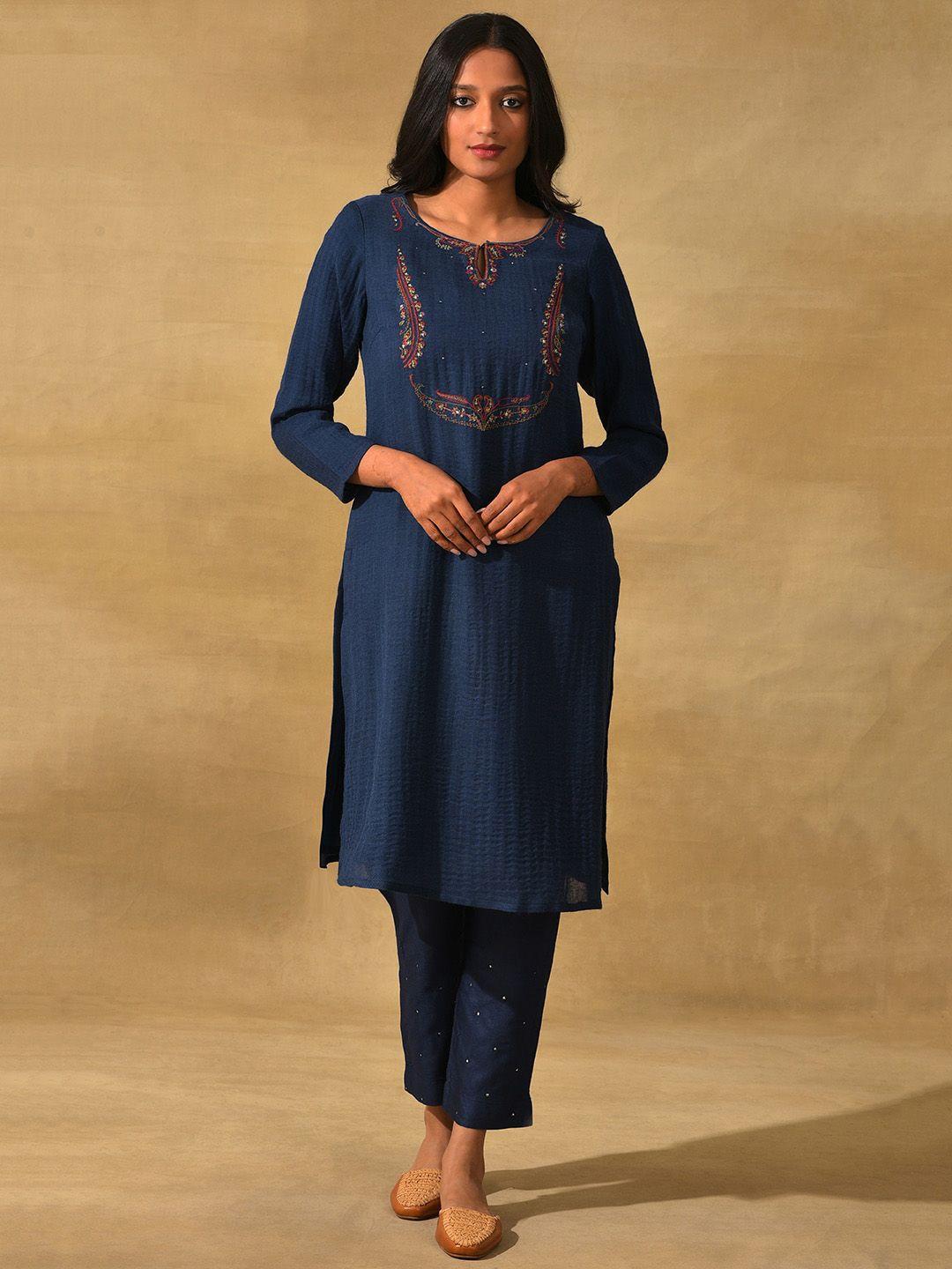 w ethnic motifs embroidered keyhole neck thread work indigo wool kurta