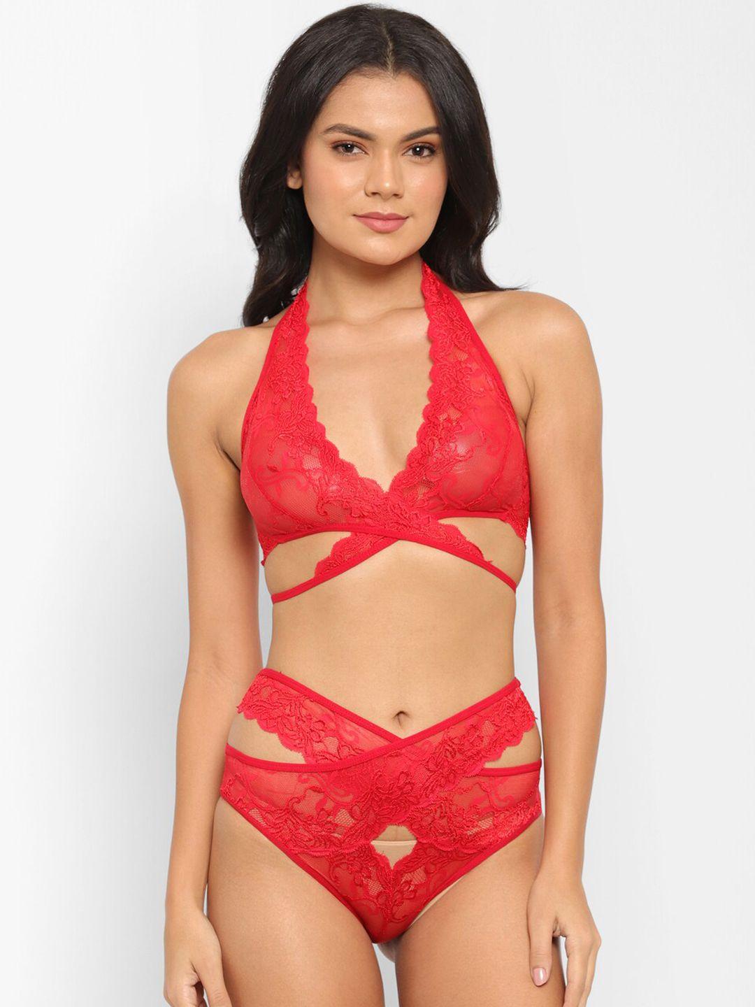 n-gal lace criss cross bra & brief  set krls12-red