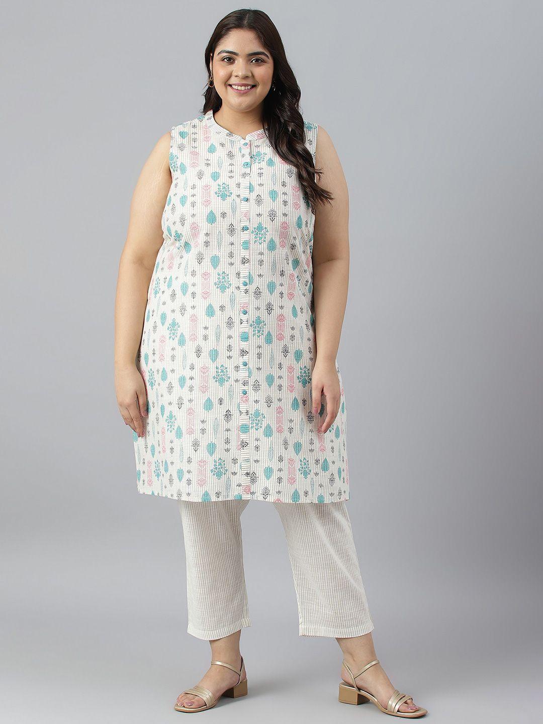 aurelia plus size floral printed sleeveless pure cotton kurta with trousers