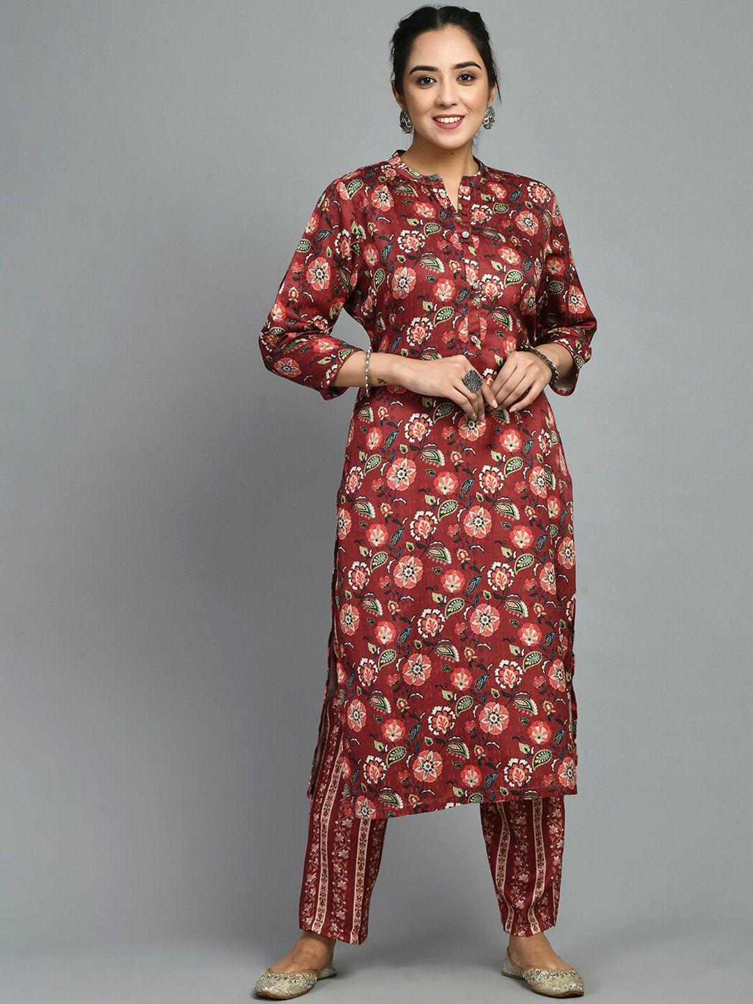 meesan floral printed mandarin collar woolen kurta with trousers