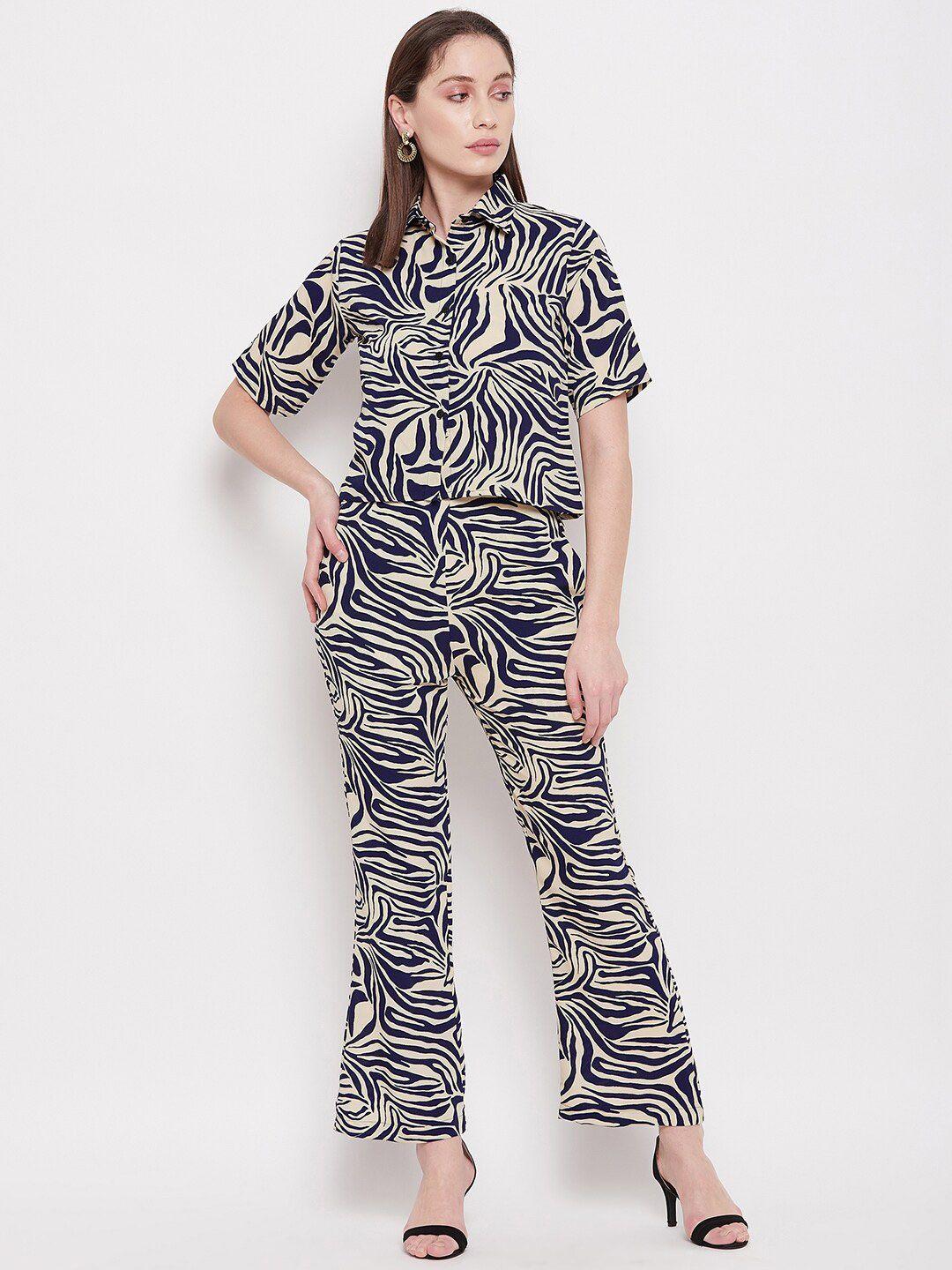 fashfun women animal printed crepe crop shirt & bootcut trouser co-ord set