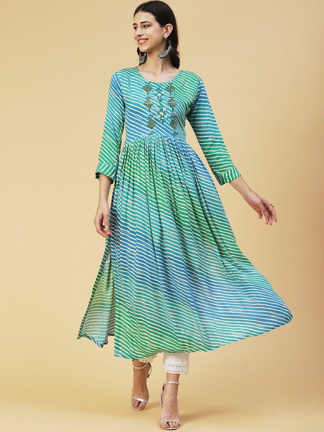 fashor leheriya striped a-line thread work kurta