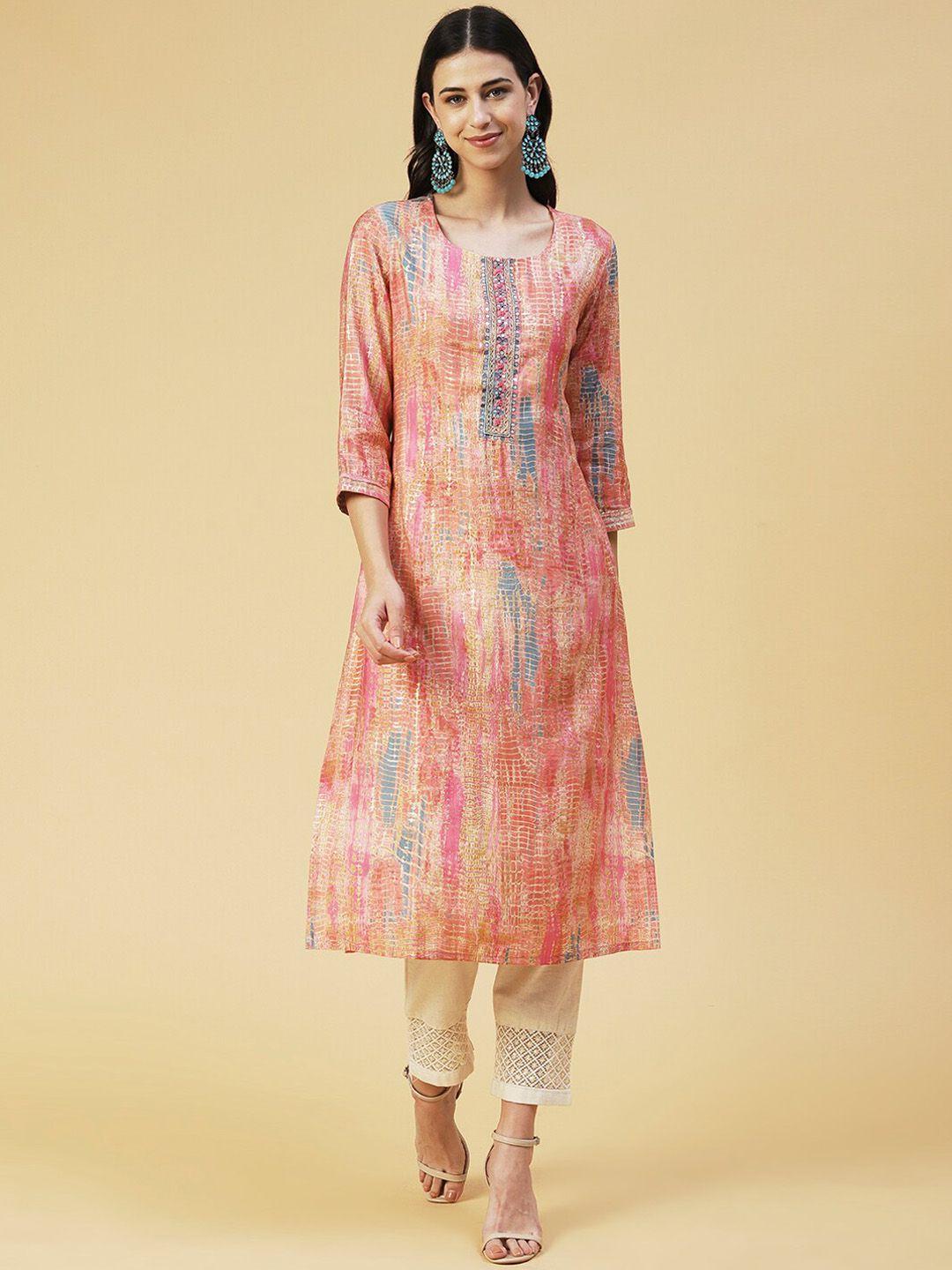 fashor abstract printed mirror work straight kurta