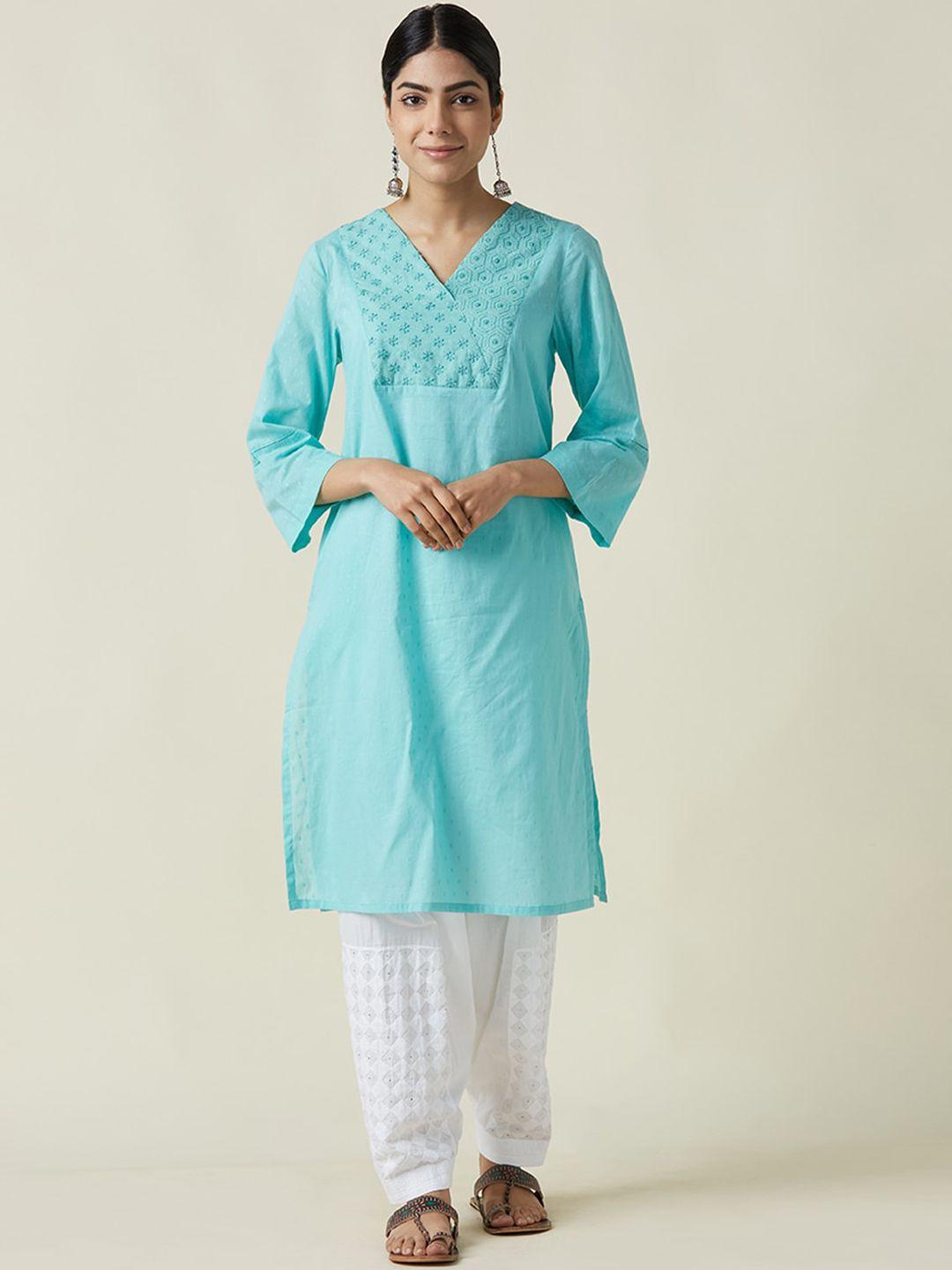 fabindia women embroidered thread work v neck cotton kurta