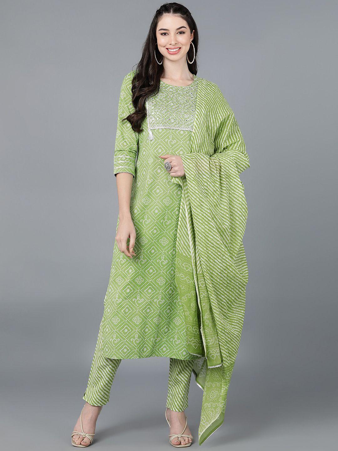 kipek women green leheriya printed pure cotton kurta with trousers & with dupatta