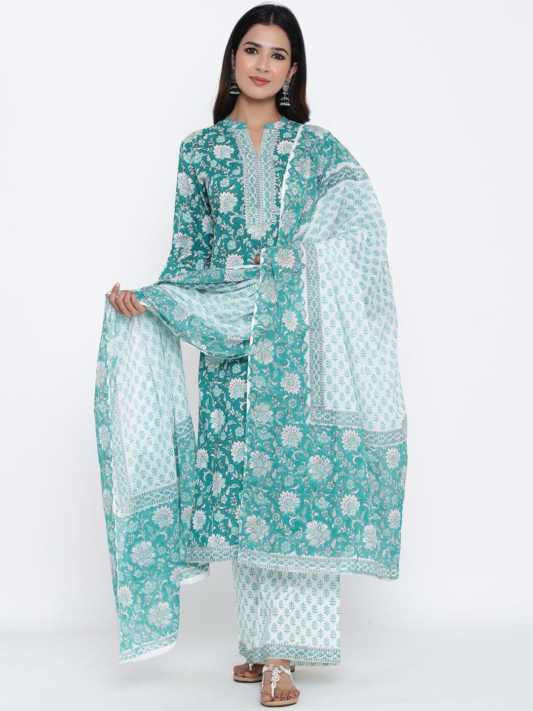 kipek women green printed pure cotton kurta with palazzos & with dupatta