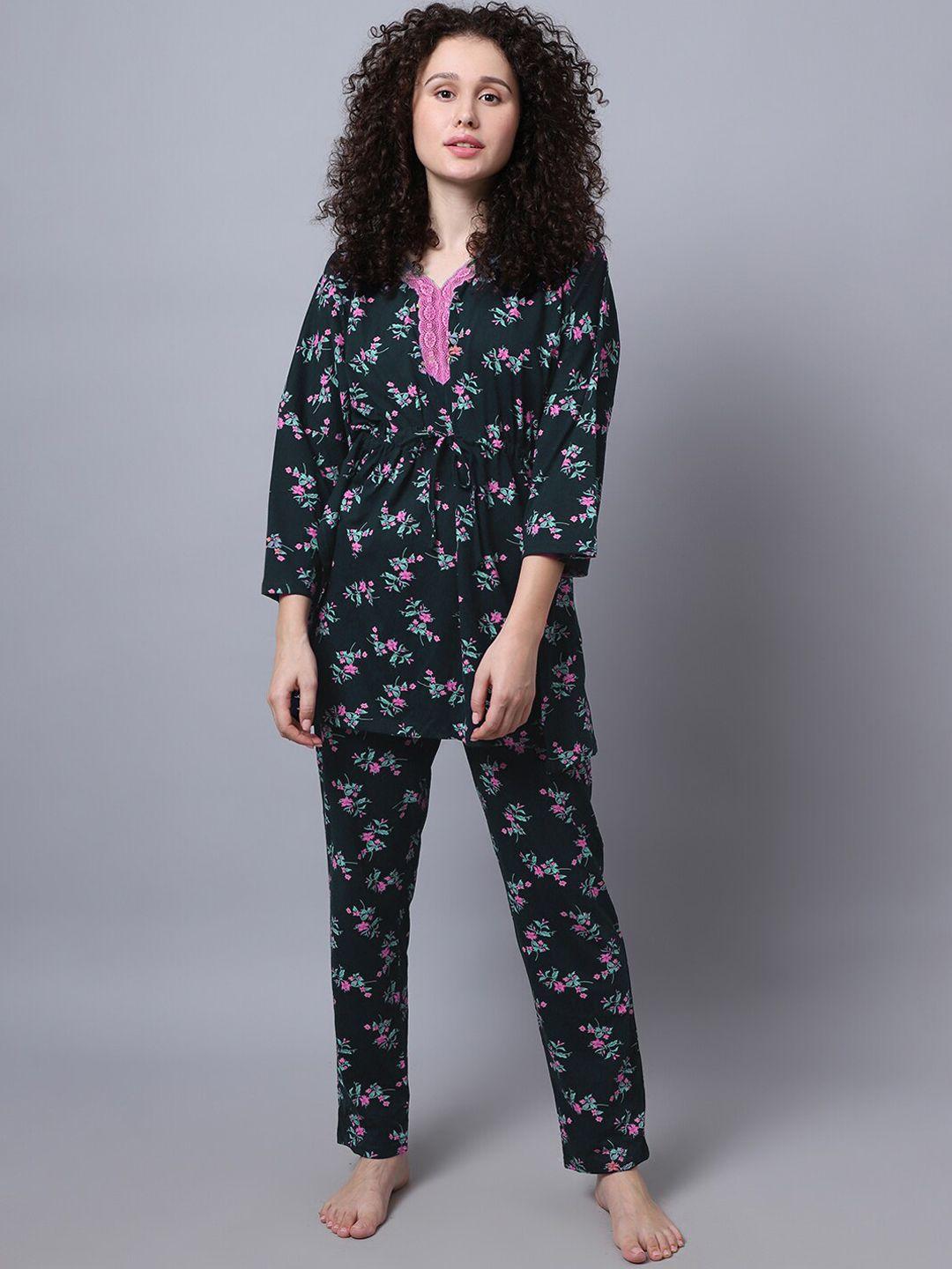 aerowarm women 2 pieces floral printed pure cotton night suit