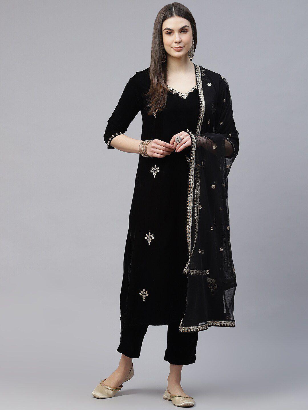 divena women floral embroidered zardozi velvet kurta with trousers & dupatta