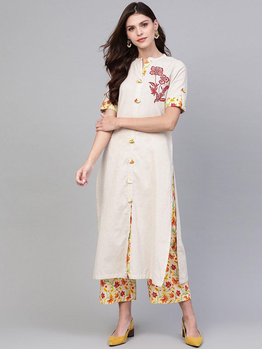 pannkh women floral embroidered pure cotton kurta with palazzos