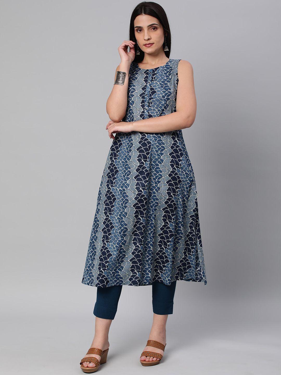 kami kubi women printed indigo sleeveless a-line cotton kurta